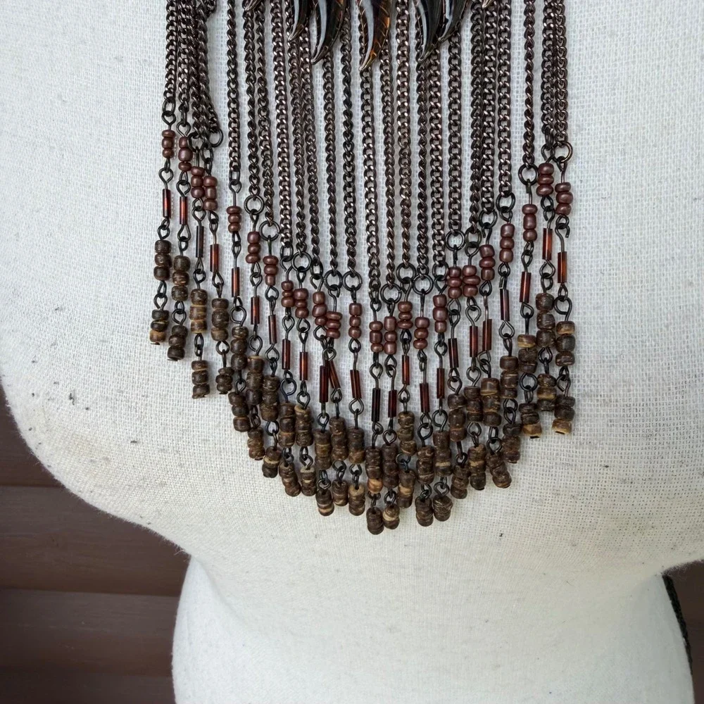 Whimsigoth Gunmetal Leaf Statement Necklace Earthy Boho Fringe Bib